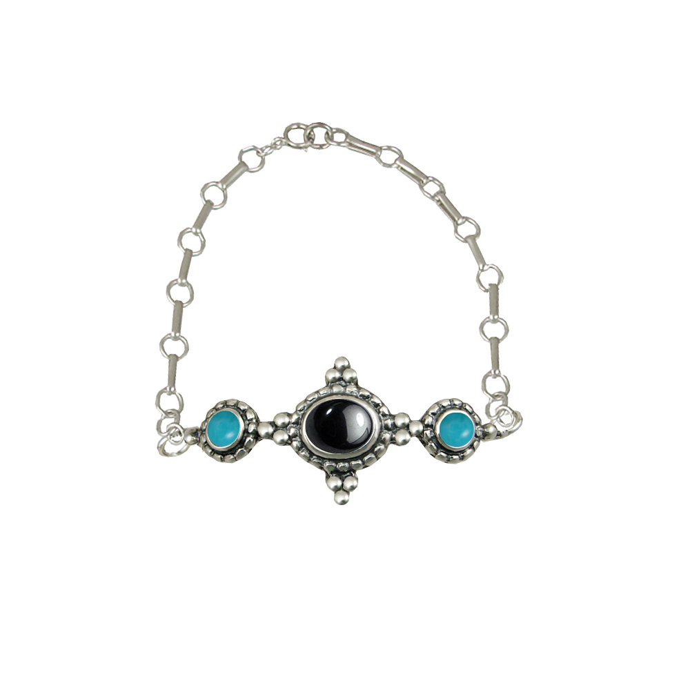 Sterling Silver Gemstone Adjustable Chain Bracelet With Hematite And Turquoise
